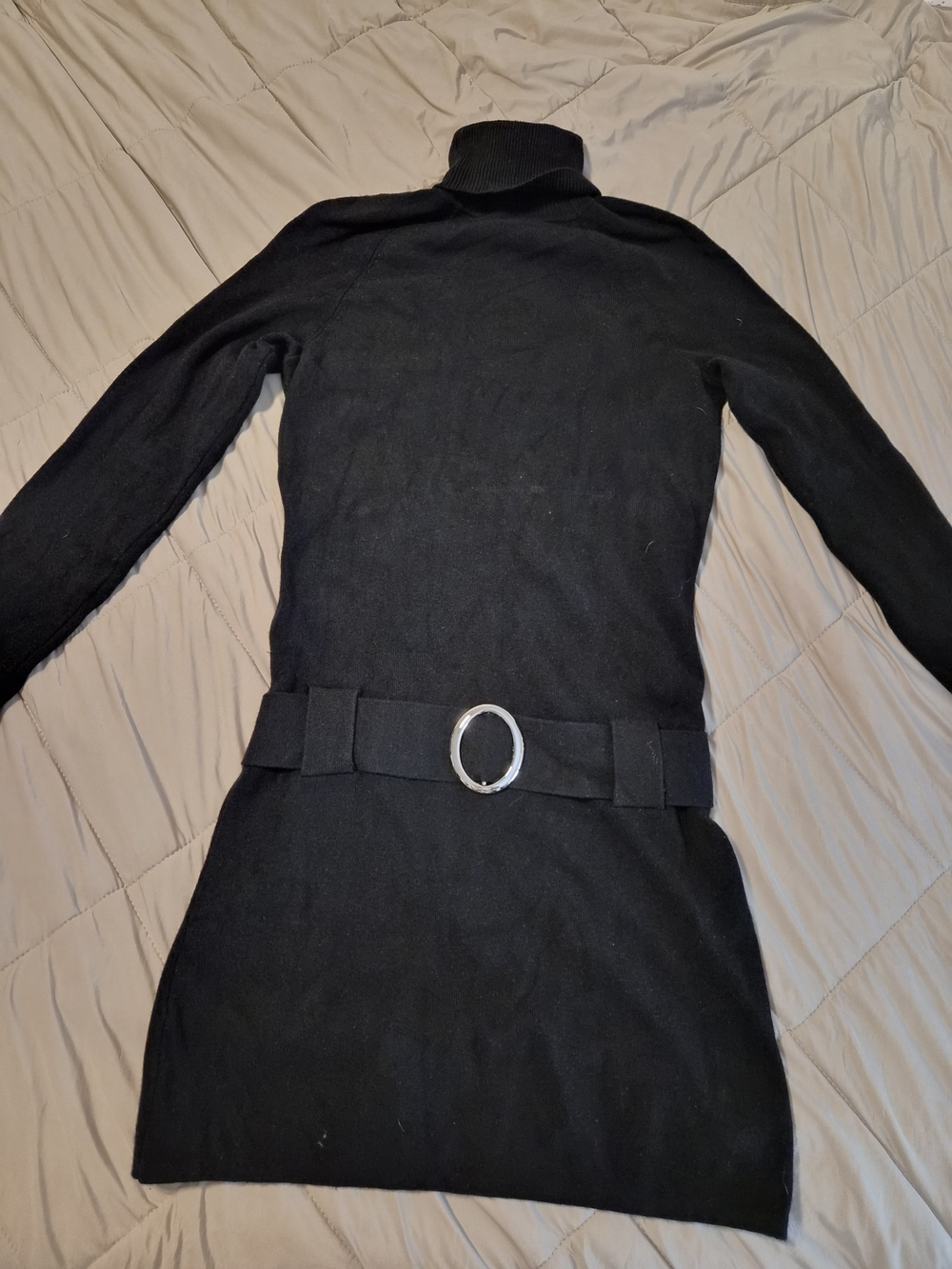 INC International Concepts Black Turtleneck Sweater Dress with Oval Buckle Belt
